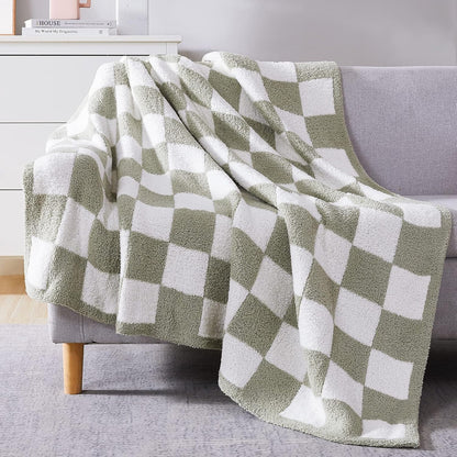 WRENSONGE Checkered Throw Blanket, Sage Green Soft Cozy Fluffy Hand Made Throw Blankets for Couch