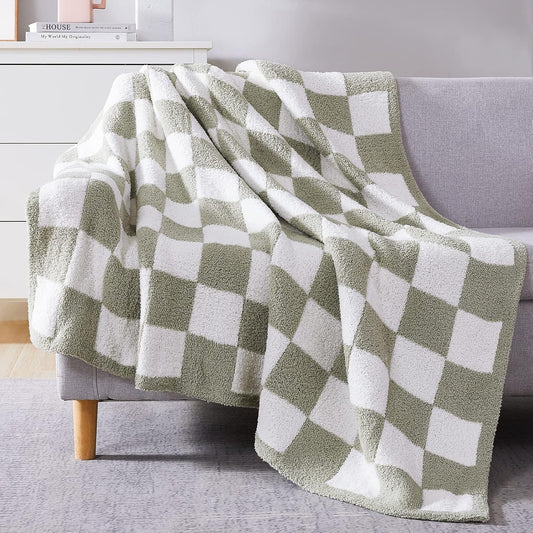 WRENSONGE Checkered Throw Blanket, Sage Green Soft Cozy Fluffy Hand Made Throw Blankets for Couch