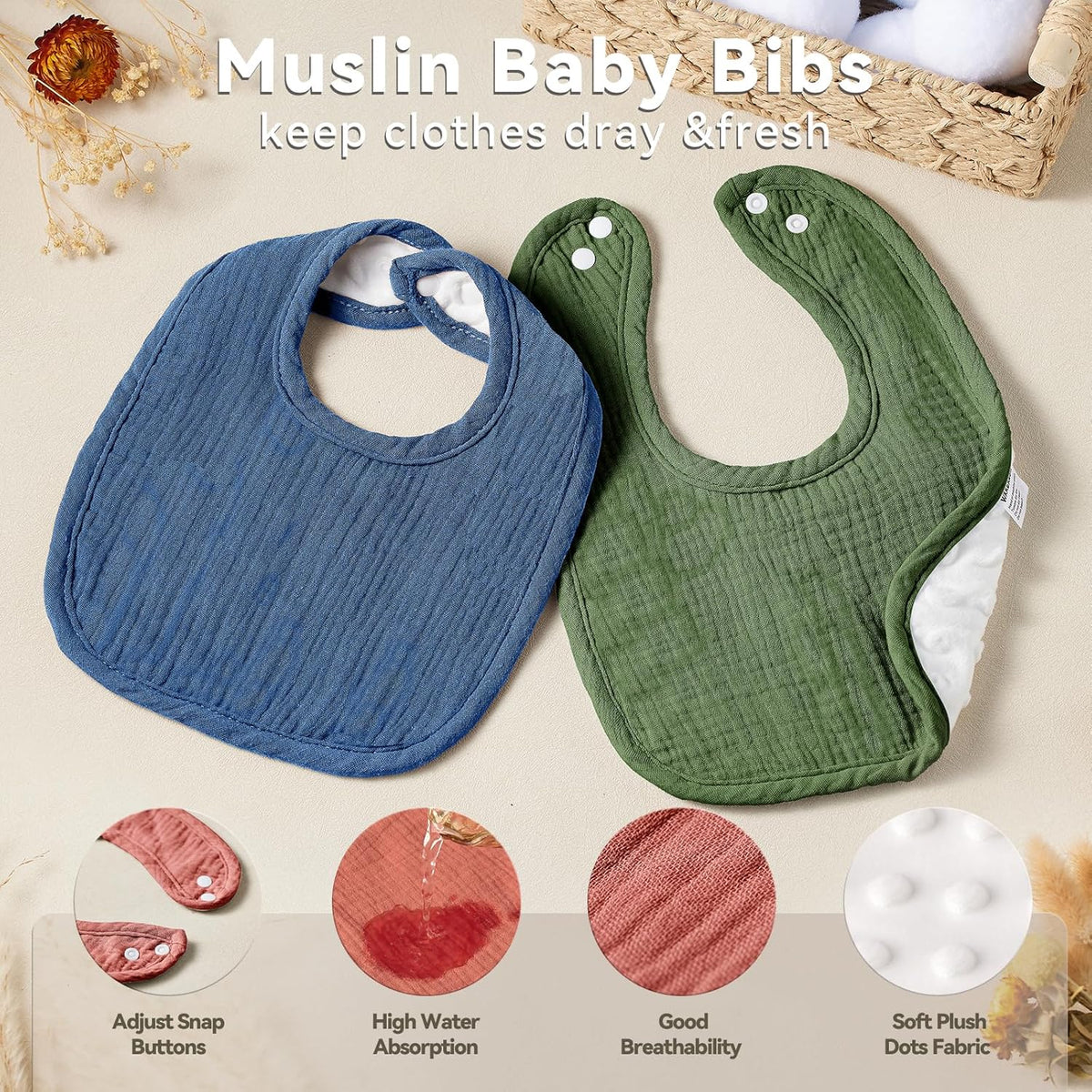 Muslin Baby Bibs for Unisex Boys Girls, Cotton Drool Bibs, Adjustable Newborn Bibs for Drooling and