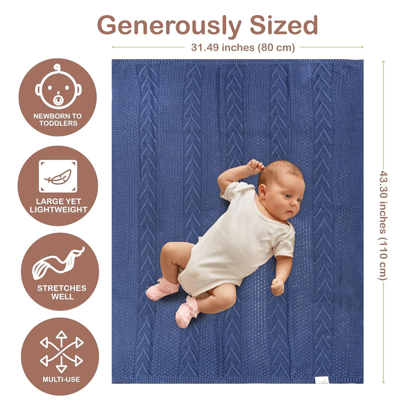 Organic Cotton Baby Blanket - 31.5 x 43.3 Inches, Soft Knitted Crib Blanket for Boys & Girls