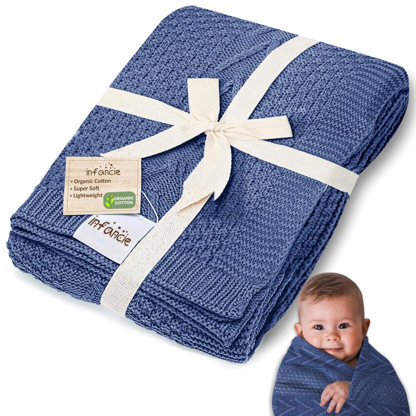 Organic Cotton Baby Blanket - 31.5 x 43.3 Inches, Soft Knitted Crib Blanket for Boys & Girls