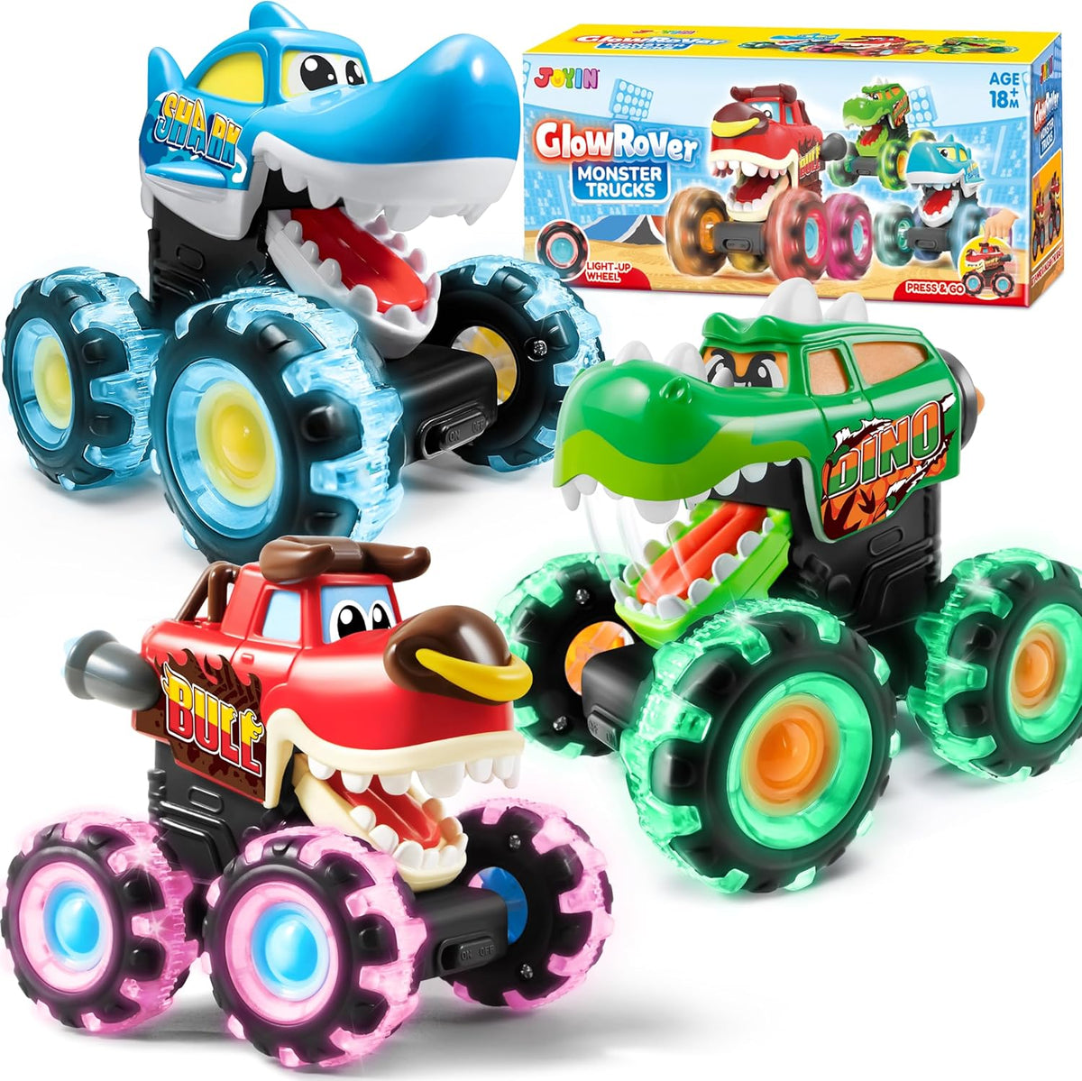 JOYIN 3 Pack Monster Truck Toy - Motion Activated Light-Up Cars for Toddlers - Monster Treads