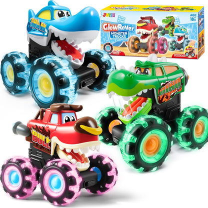 JOYIN 3 Pack Monster Truck Toy - Motion Activated Light-Up Cars for Toddlers - Monster Treads