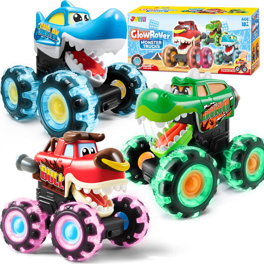 JOYIN 3 Pack Monster Truck Toy - Motion Activated Light-Up Cars for Toddlers - Monster Treads