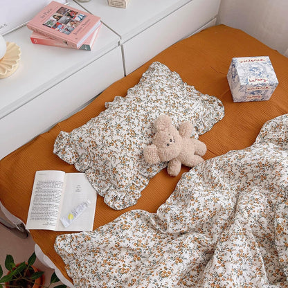 BuLuTu Cotton Muslin Ruffle Edge with Hibiscus Flowers Kids Toddler Pillowcase Soft Travel Pillow