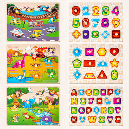 SYNARRY Wooden Puzzles for Toddlers 1-3, 6XSET Puzzles for Toddlers 2-4 with Rack, Learning