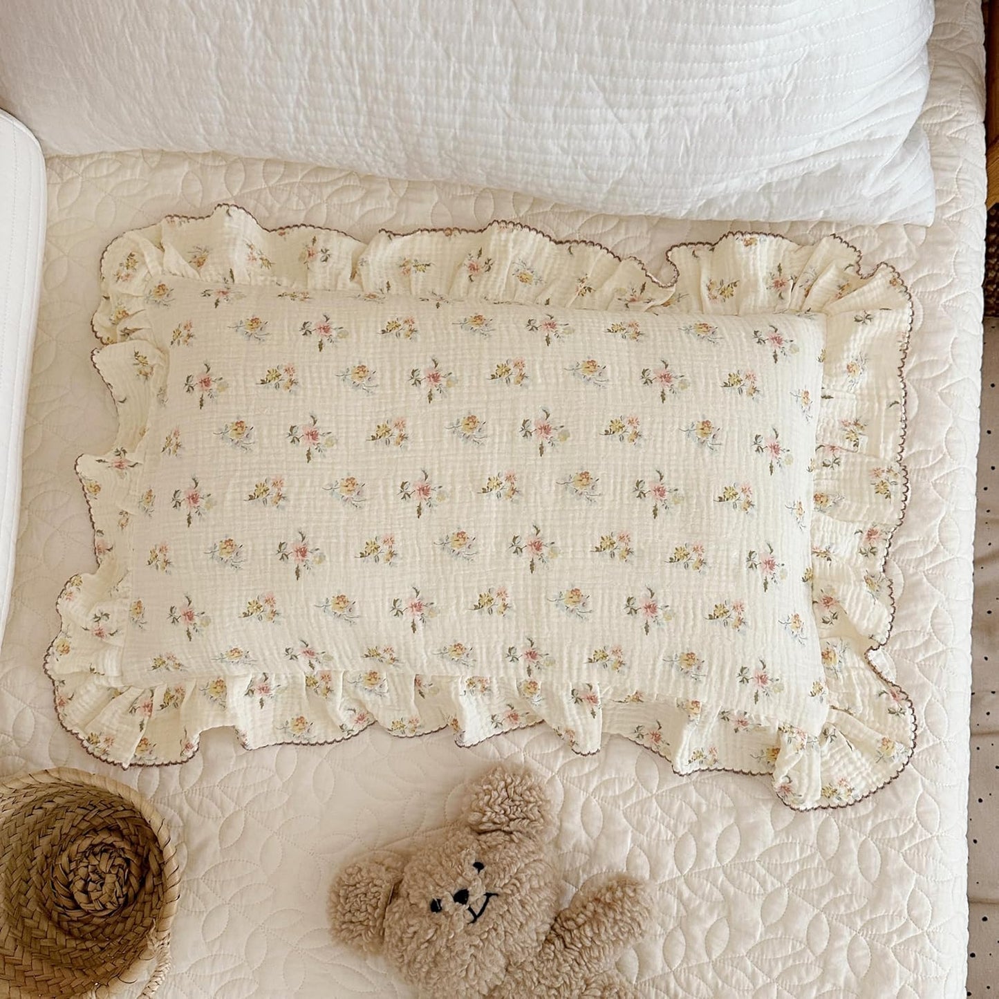 BuLuTu Double Layers Muslin Cotton Pillowcase King Size Vintage Floral Print Pillow Case Teens