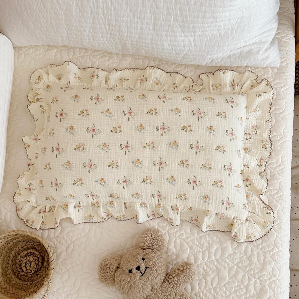 BuLuTu Double Layers Muslin Cotton Pillowcase King Size Vintage Floral Print Pillow Case Teens