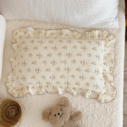 BuLuTu Double Layers Muslin Cotton Pillowcase King Size Vintage Floral Print Pillow Case Teens
