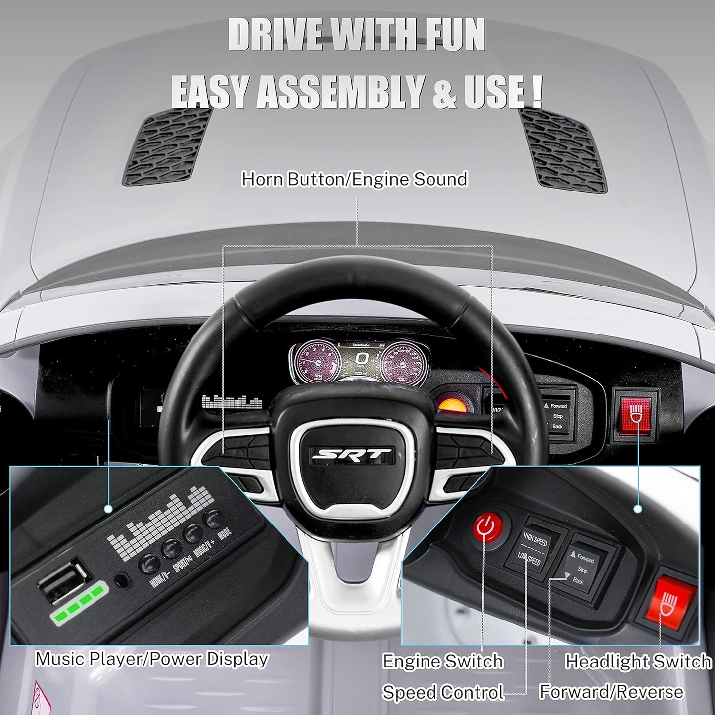 12V 7Ah Kids Electric Ride on Car, Licensed Dodge Charger SRT Hellcat, Battery Powered 4-Wheels Toy