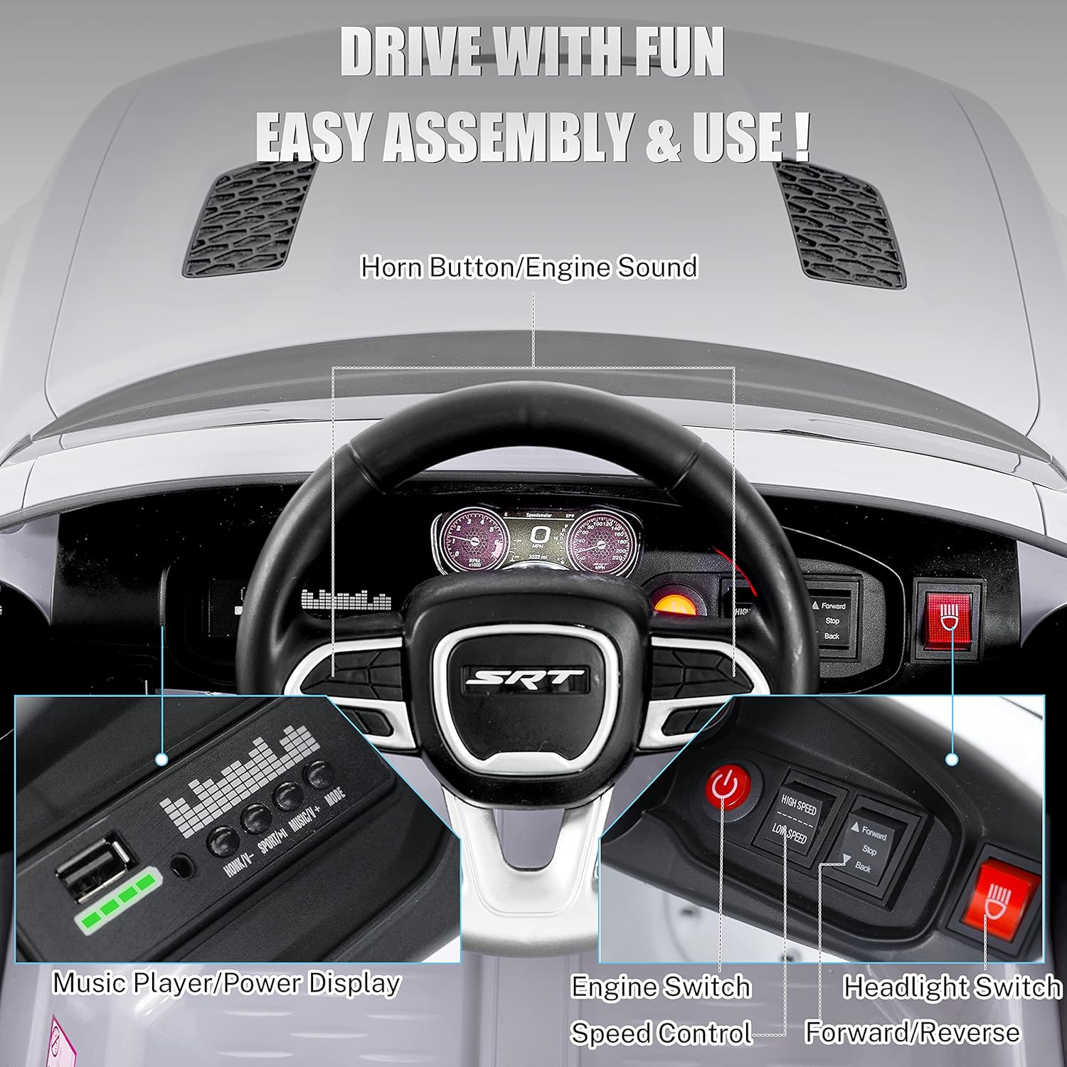 12V 7Ah Kids Electric Ride on Car, Licensed Dodge Charger SRT Hellcat, Battery Powered 4-Wheels Toy