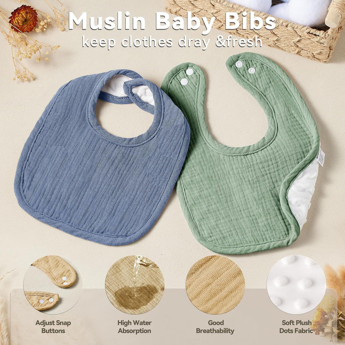 Muslin Baby Bibs for Unisex Boys Girls, Cotton Drool Bibs, Adjustable Newborn Bibs for Drooling and