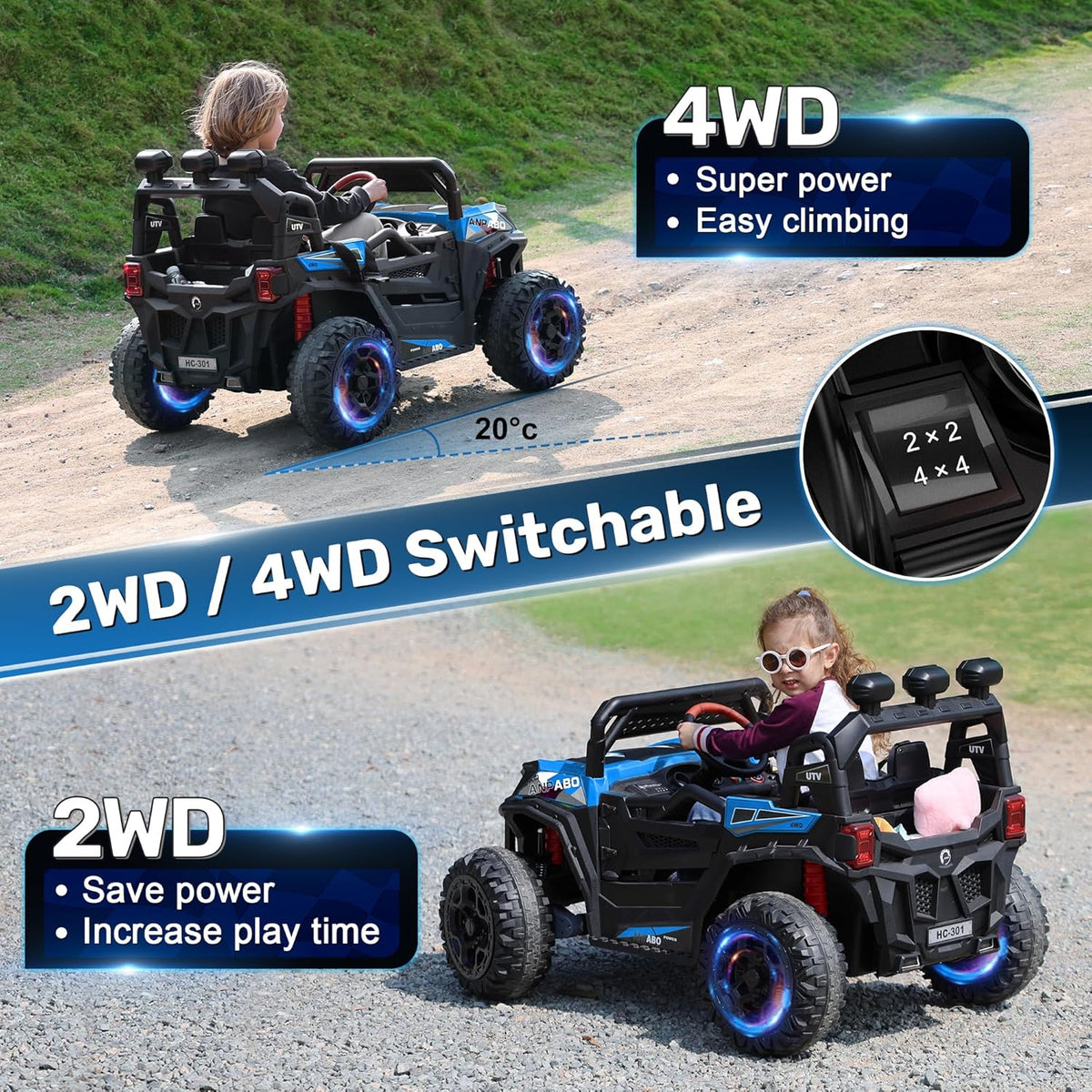 ANPABO 24V 4X4 Ride on Car Truck w/Remote Control, 4WD/2WD Switchable Kids UTV, 19" Spacious Seat
