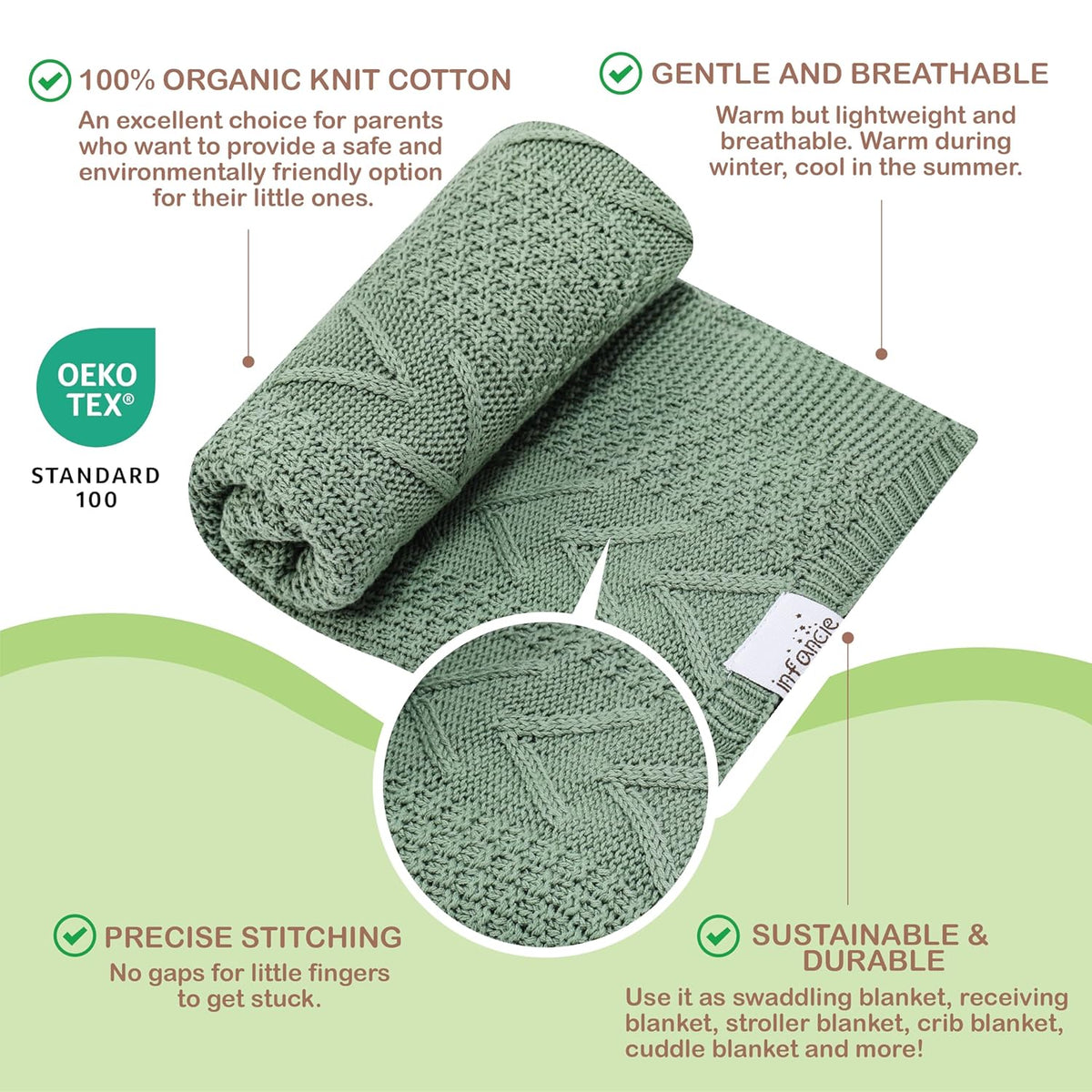 Organic Cotton Baby Blanket - 31.5 x 43.3 Inches, Soft Knitted Crib Blanket for Boys & Girls