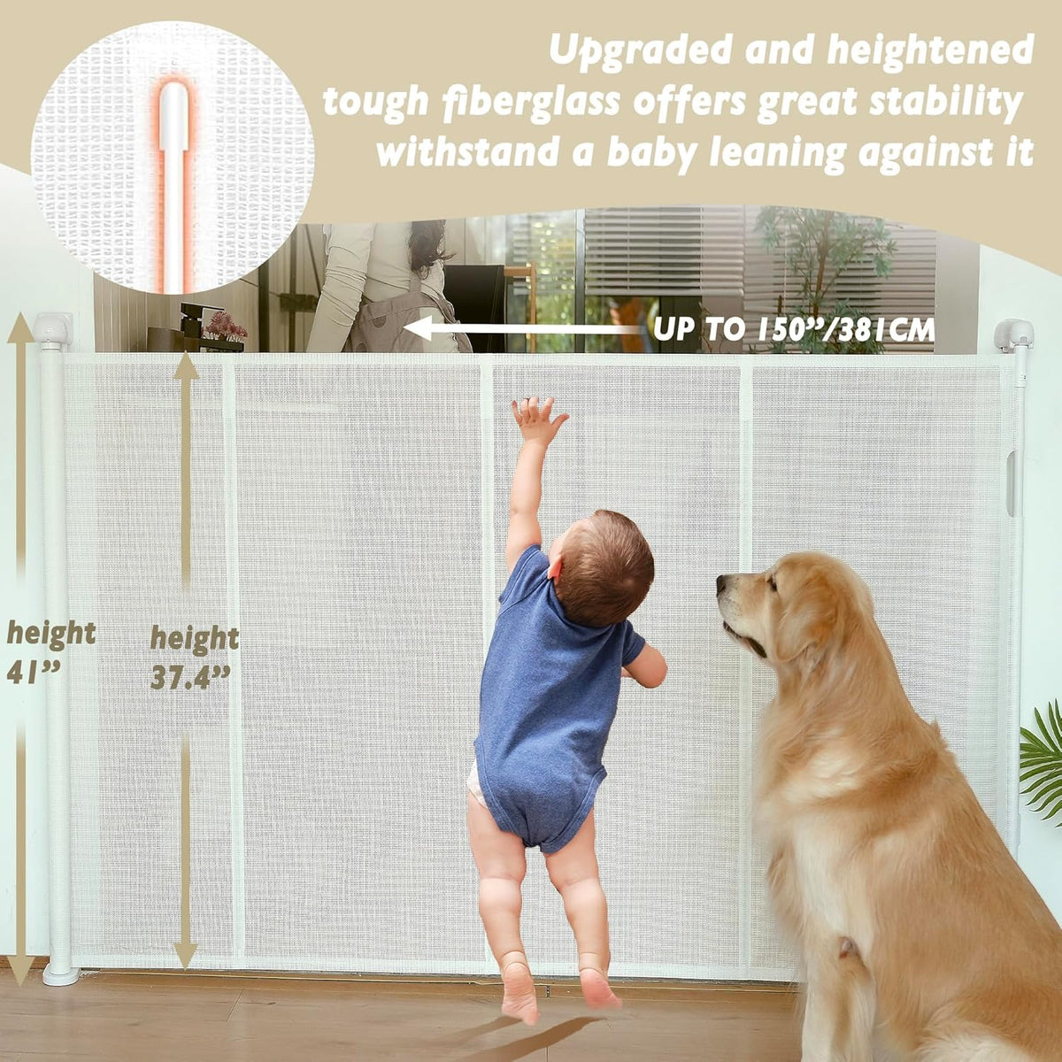150" Extra Wide Retractable Baby Gates Dog Gate for Large Opening, 41" Extra Tall Mesh Pet Gate