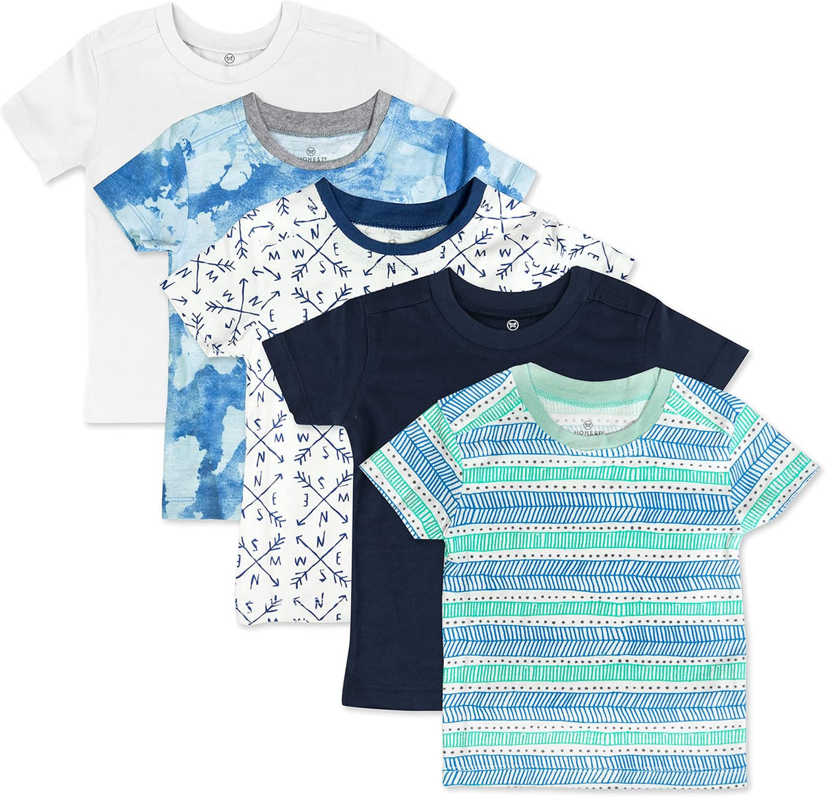 HonestBaby 5-Pack Short Sleeve T-Shirts 100% Organic Cotton Baby, Toddler, Little Kid, Boy, Girl