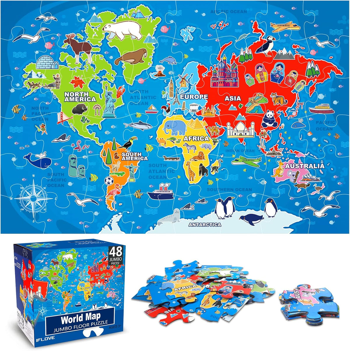 Jumbo Floor Puzzle for Kids,World Map Jigsaw Geography Puzzles,48 Piece Globe Atlas Puzzle with