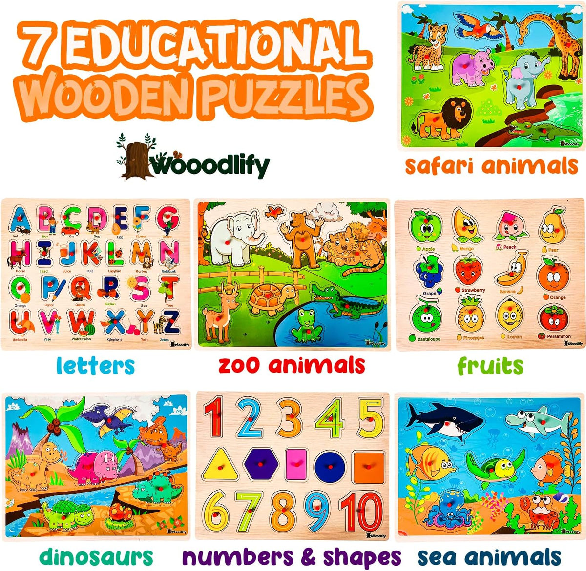 7 Pack Wooden Puzzles for Toddlers 2 3 4 5 Years Old - 7 Colorful Chunky Wood Peg Puzzles for Kids