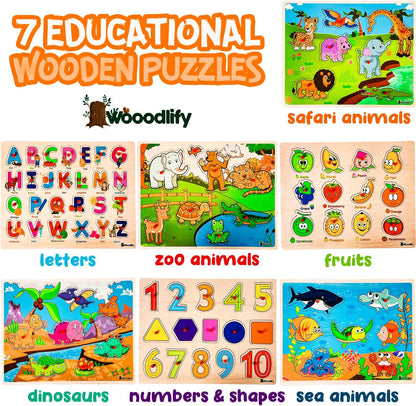 7 Pack Wooden Puzzles for Toddlers 2 3 4 5 Years Old - 7 Colorful Chunky Wood Peg Puzzles for Kids