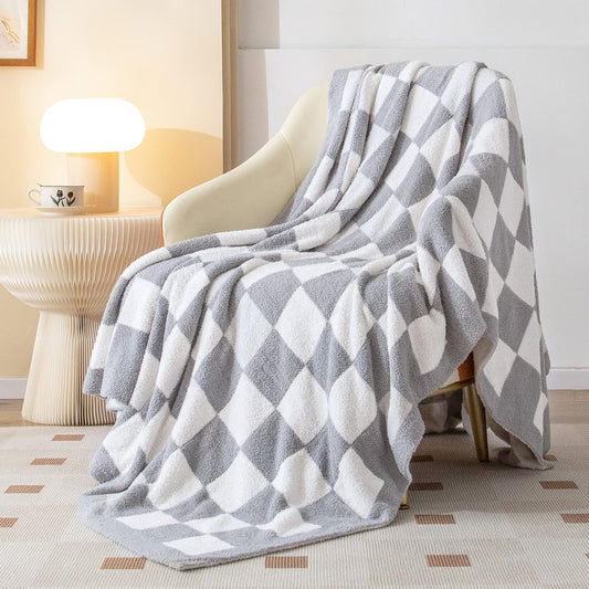 SeaRoomy Checkered Throw Blanket, Soft Cozy Fluffy Reversible Checkerboard Knitted Throw Blanket
