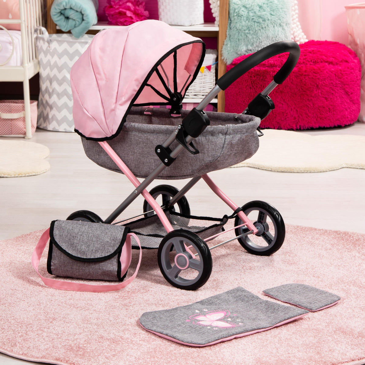 Bayer Baby Doll Stroller Toy Set with Bag - Pink Carriage for 18 Inch Dolls