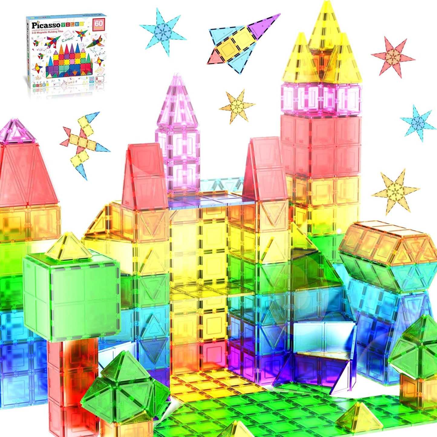 PicassoTiles 60 Piece Set 60pcs Magnet Building Tiles Clear Magnetic 3D Blocks Construction