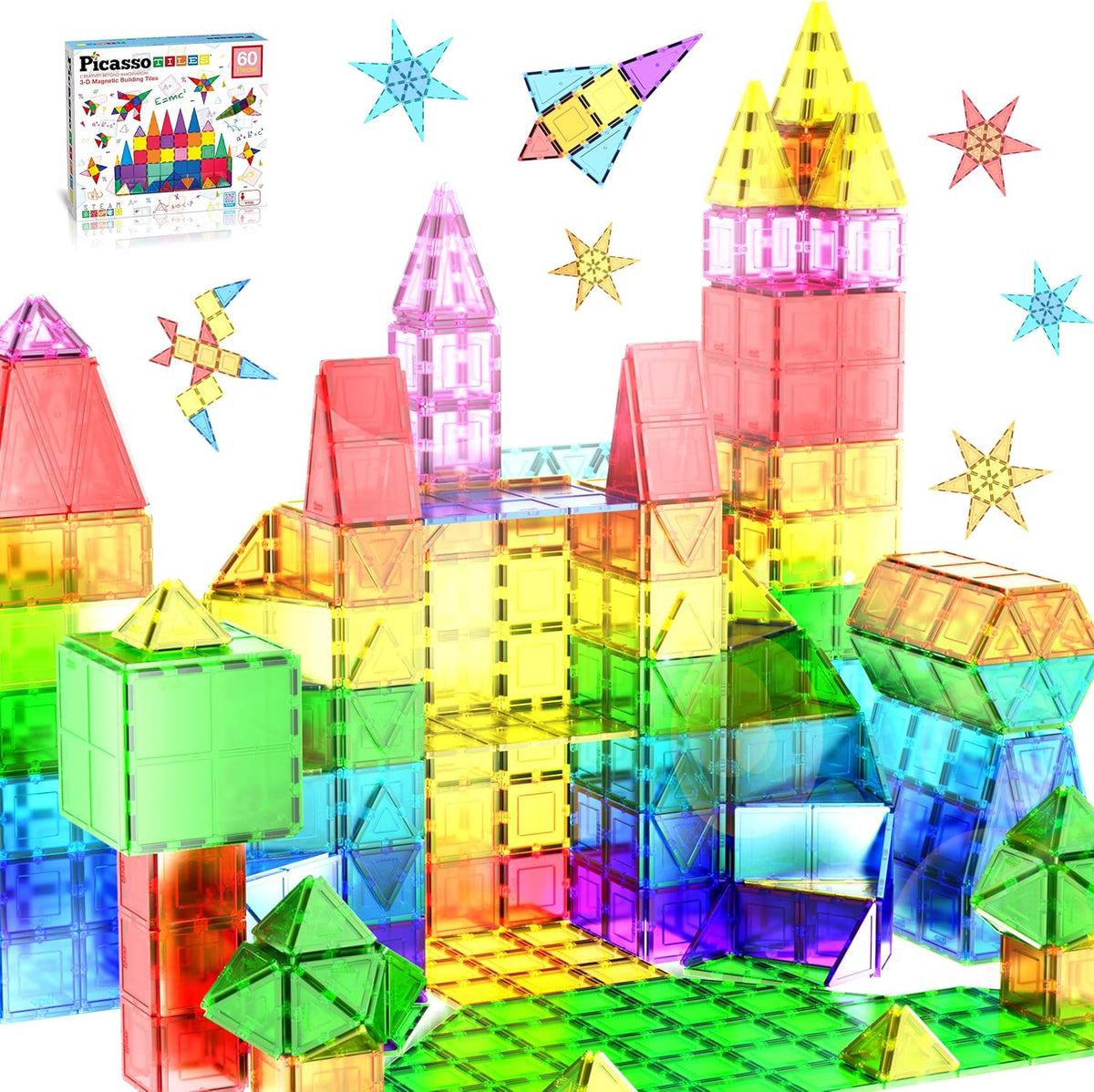 PicassoTiles 60 Piece Set 60pcs Magnet Building Tiles Clear Magnetic 3D Blocks Construction