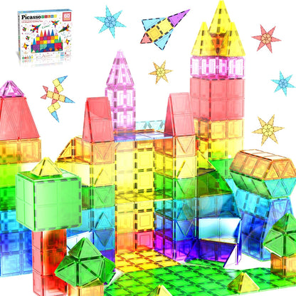 PicassoTiles 60 Piece Set 60pcs Magnet Building Tiles Clear Magnetic 3D Blocks Construction