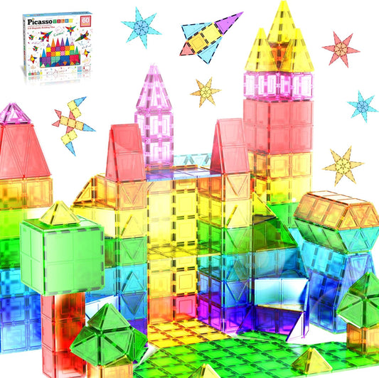 PicassoTiles 60 Piece Set 60pcs Magnet Building Tiles Clear Magnetic 3D Blocks Construction