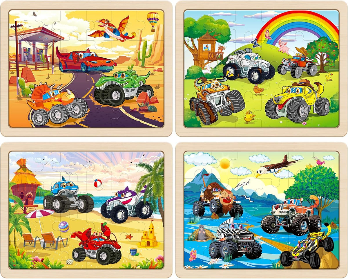 SYNARRY Large Wooden Monster Truck Puzzles for Kids Gift Box(12.2*9.4 in) - FSC Certified, 24 Piece