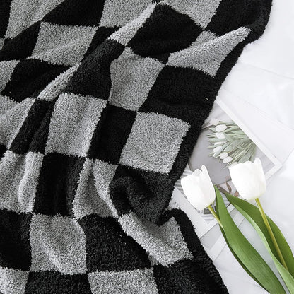 WRENSONGE Checkered Throw Blanket, Black Grey Checkered Soft Cozy Fluffy Warm Hand Made Throw