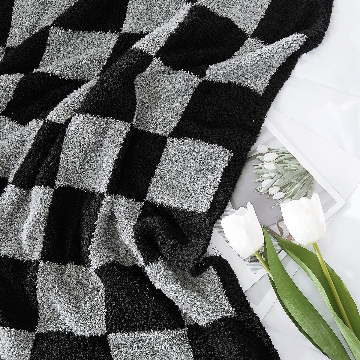 WRENSONGE Checkered Throw Blanket, Black Grey Checkered Soft Cozy Fluffy Warm Hand Made Weave Throw