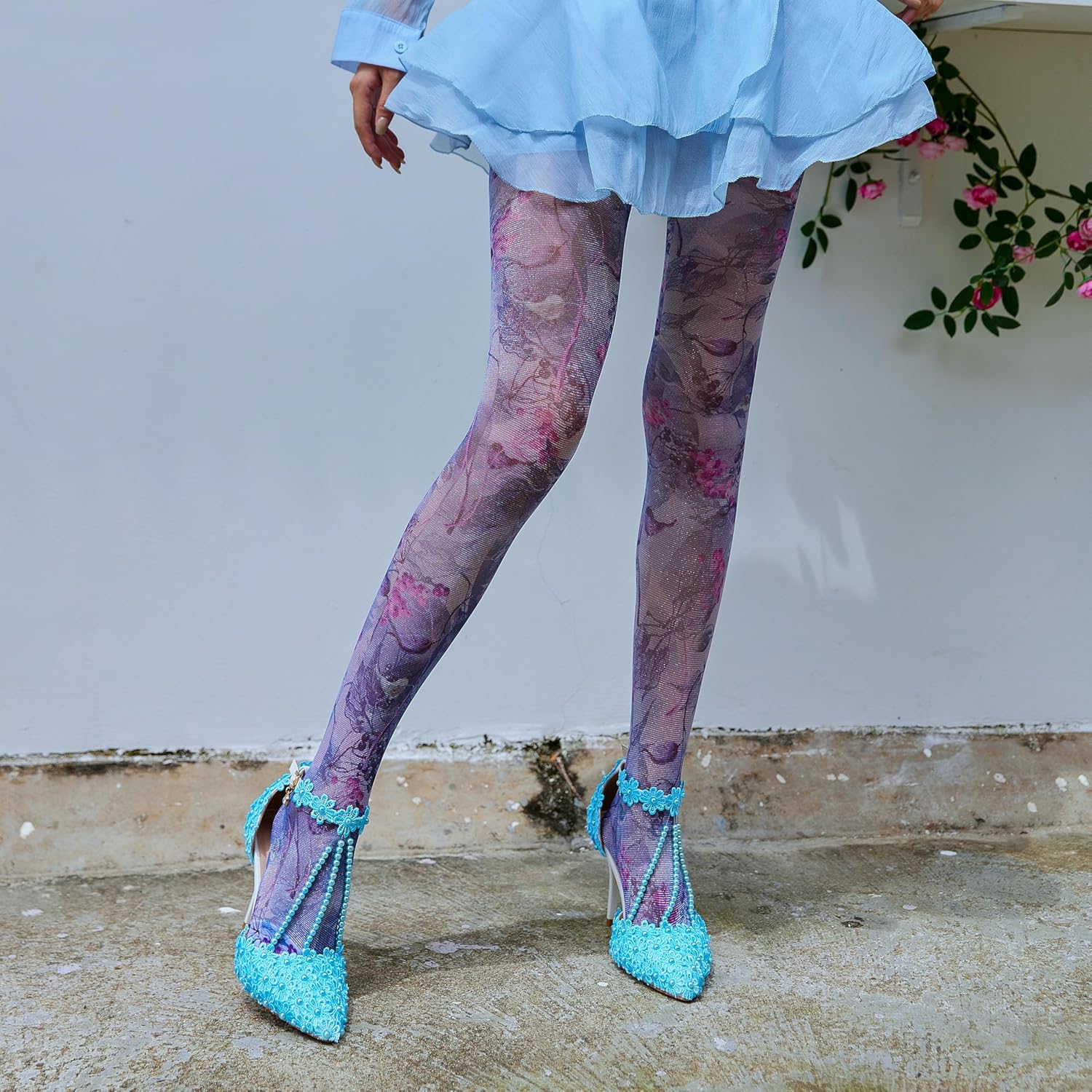 Sahabowi Women's Sheer Fashion Digital Print Fashions Stockings Metallic Silver Tights 1