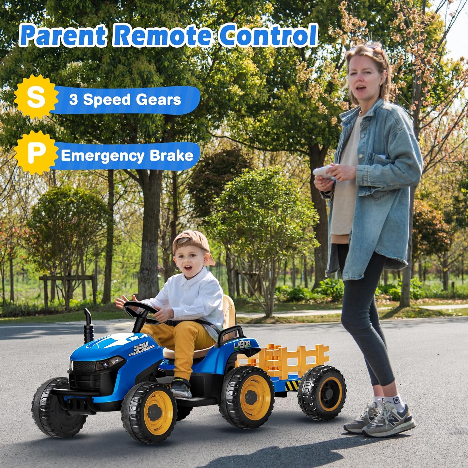 24V Ride On Tractor w/Tiltable & Detachable Trailer, 2x65W Motors, EVA Tires, Remote Control