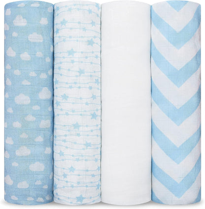 Comfy Cubs Muslin Swaddle Blankets Pack of 4, 47 x 47 Inches, Soft Cotton Baby Blanket Set, Large
