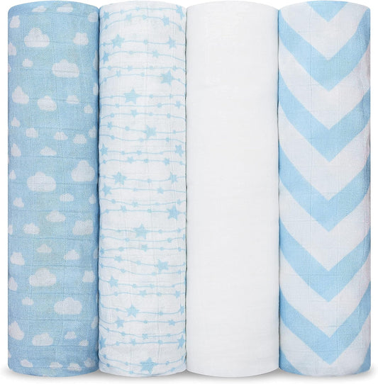 Comfy Cubs Muslin Swaddle Blankets Pack of 4, 47 x 47 Inches, Soft Cotton Baby Blanket Set, Large