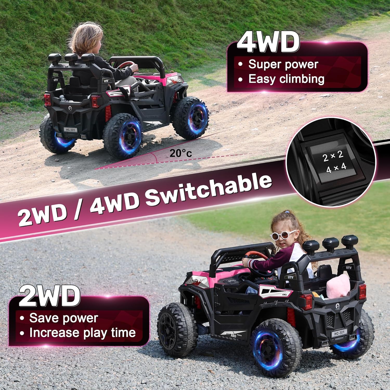 ANPABO 24V 4X4 Ride on Car Truck w/Remote Control, 4WD/2WD Switchable Kids UTV, 19" Spacious Seat