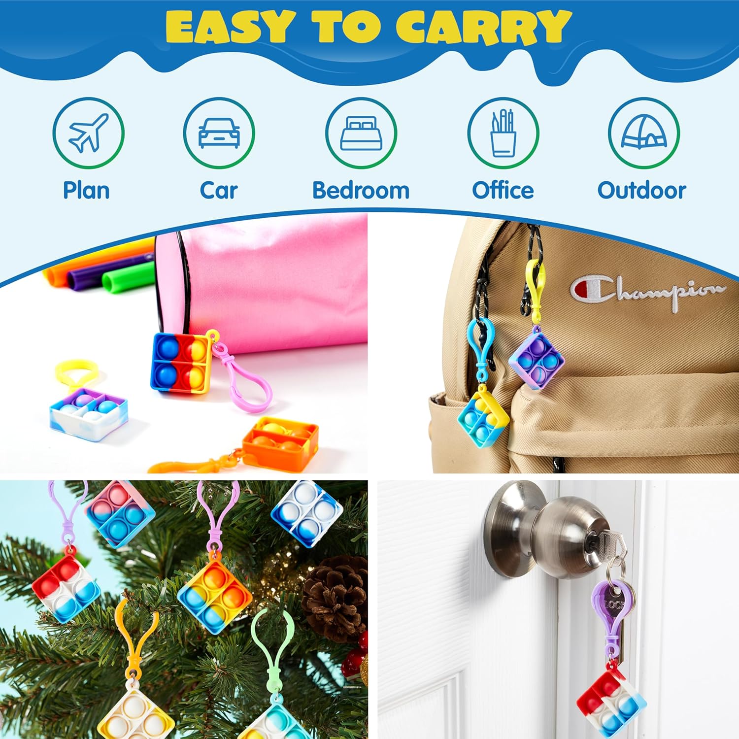 JOYIN Square Pop Fidget Keychain Mini Fidget Toys Bulk 90 Pack Party Favors for Kids 4-8,8-12 Years