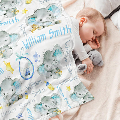 Personalized Elephant Baby Blanket for Boy Girl Custom Name Blanket for Baby Shower Customized