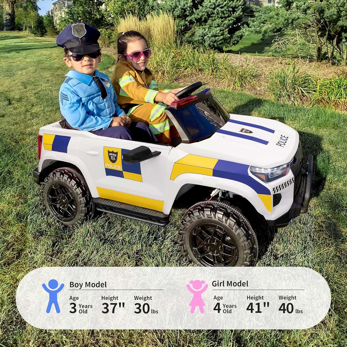 24V 10Ah Electric Police SUV Car Ride-On Toy for Big Kids, 4WD 2-Seater w/Parental Remote Control