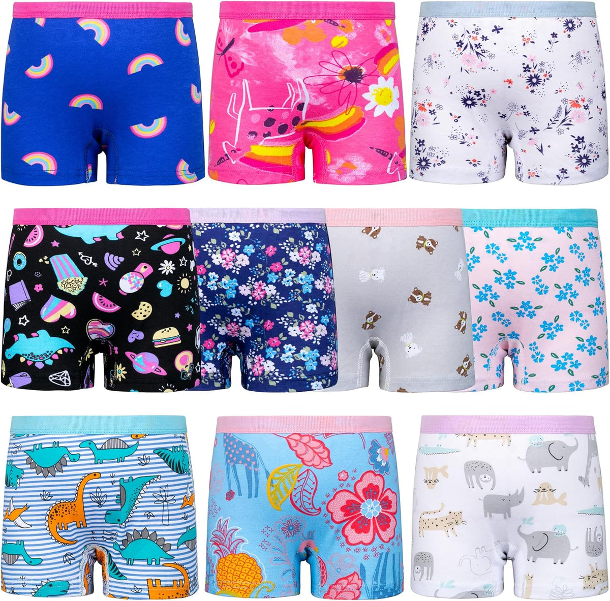 BIG ELEPHANT 10 Pack Toddler Girls' Underwear Boxer Briefs，100% Cotton Super Soft Breathable