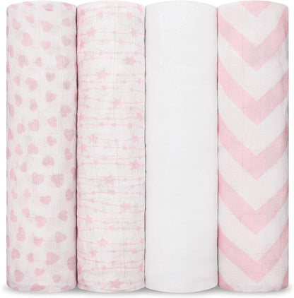 Comfy Cubs Muslin Swaddle Blankets Pack of 4, 47 x 47 Inches, Soft Cotton Baby Blanket Set, Large