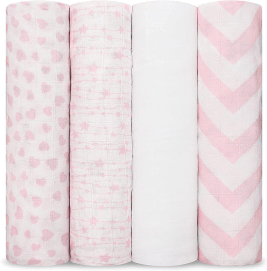 Comfy Cubs Muslin Swaddle Blankets Pack of 4, 47 x 47 Inches, Soft Cotton Baby Blanket Set, Large