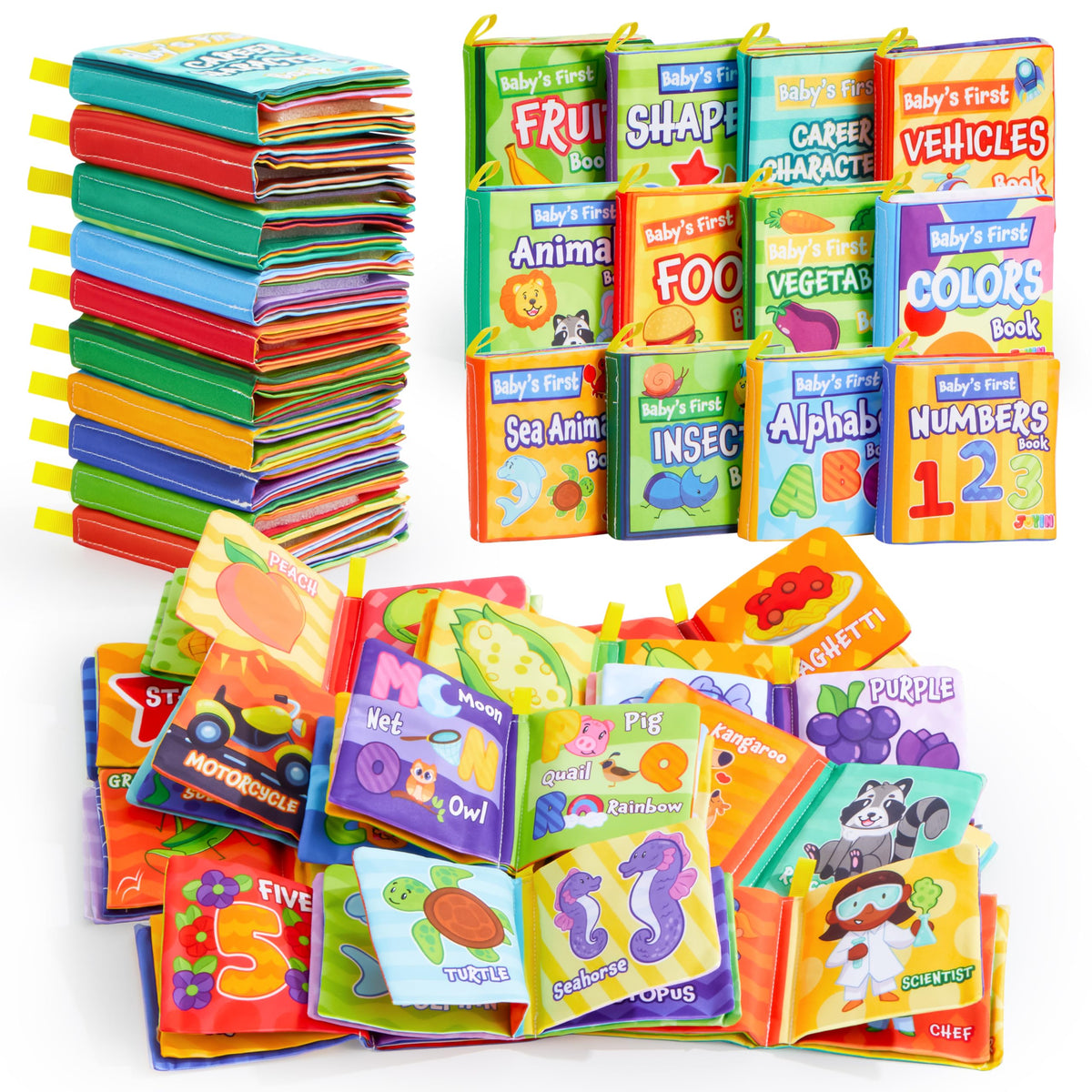 JOYIN 12 Pcs Bath Books, Nontoxic Fabric Soft Crinkly Cloth Books, Waterproof, Bathtub Pool and
