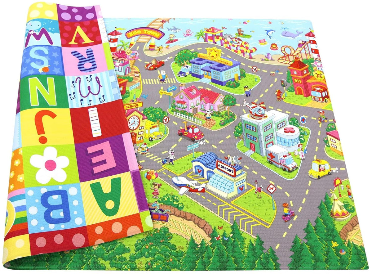 Baby Care Play Mat (Medium, Playful - Zoo Town) 73’’ x 49’’ Original One-Piece Reversible Rollable