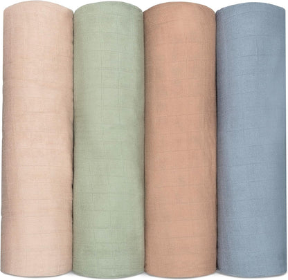 Comfy Cubs Muslin Swaddle Blankets Pack of 4, 47 x 47 Inches, Soft Cotton Baby Blanket Set, Large
