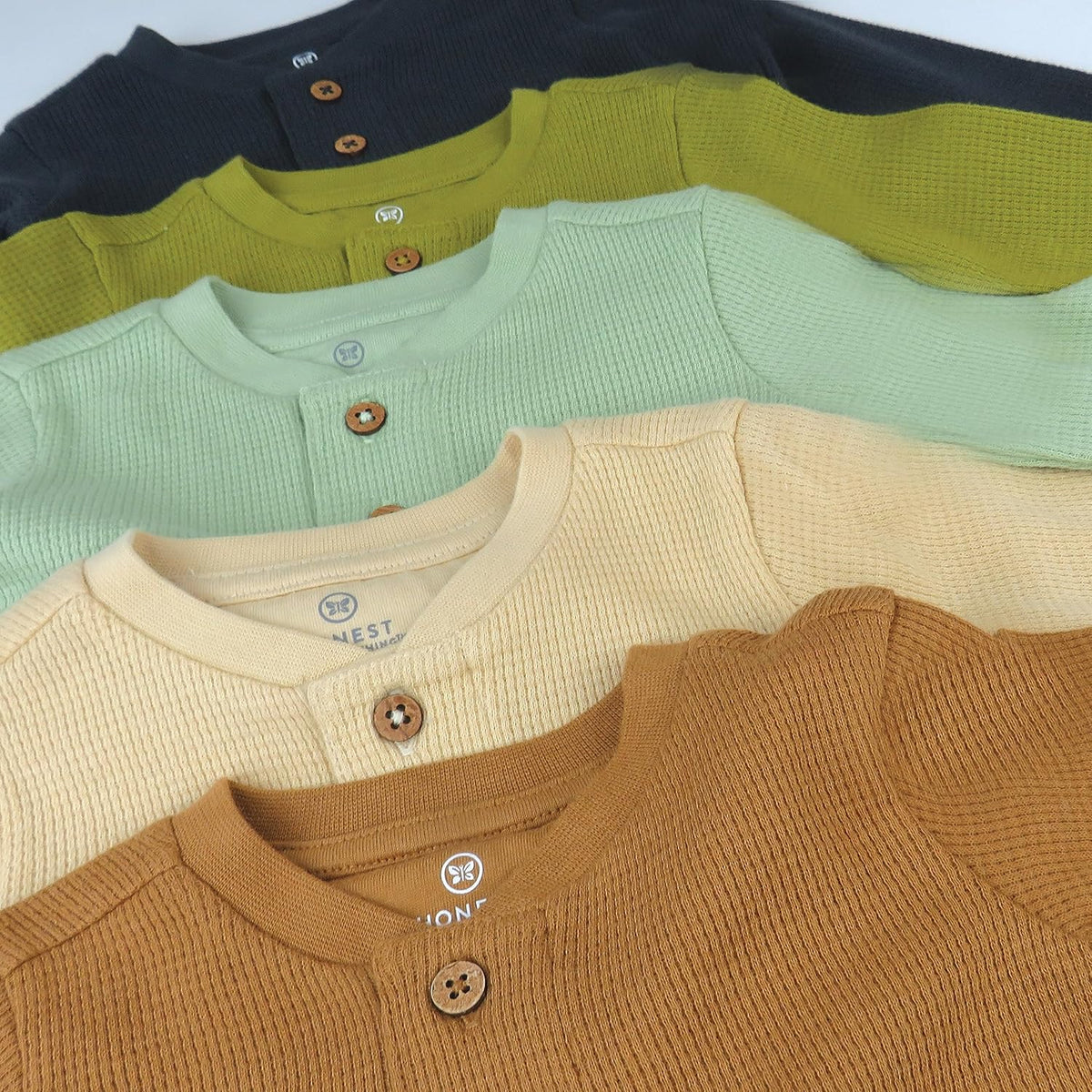 HonestBaby 5-pack Waffle Henley Long Sleeve Shirts 100% Organic Cotton for Infant Baby and Toddler