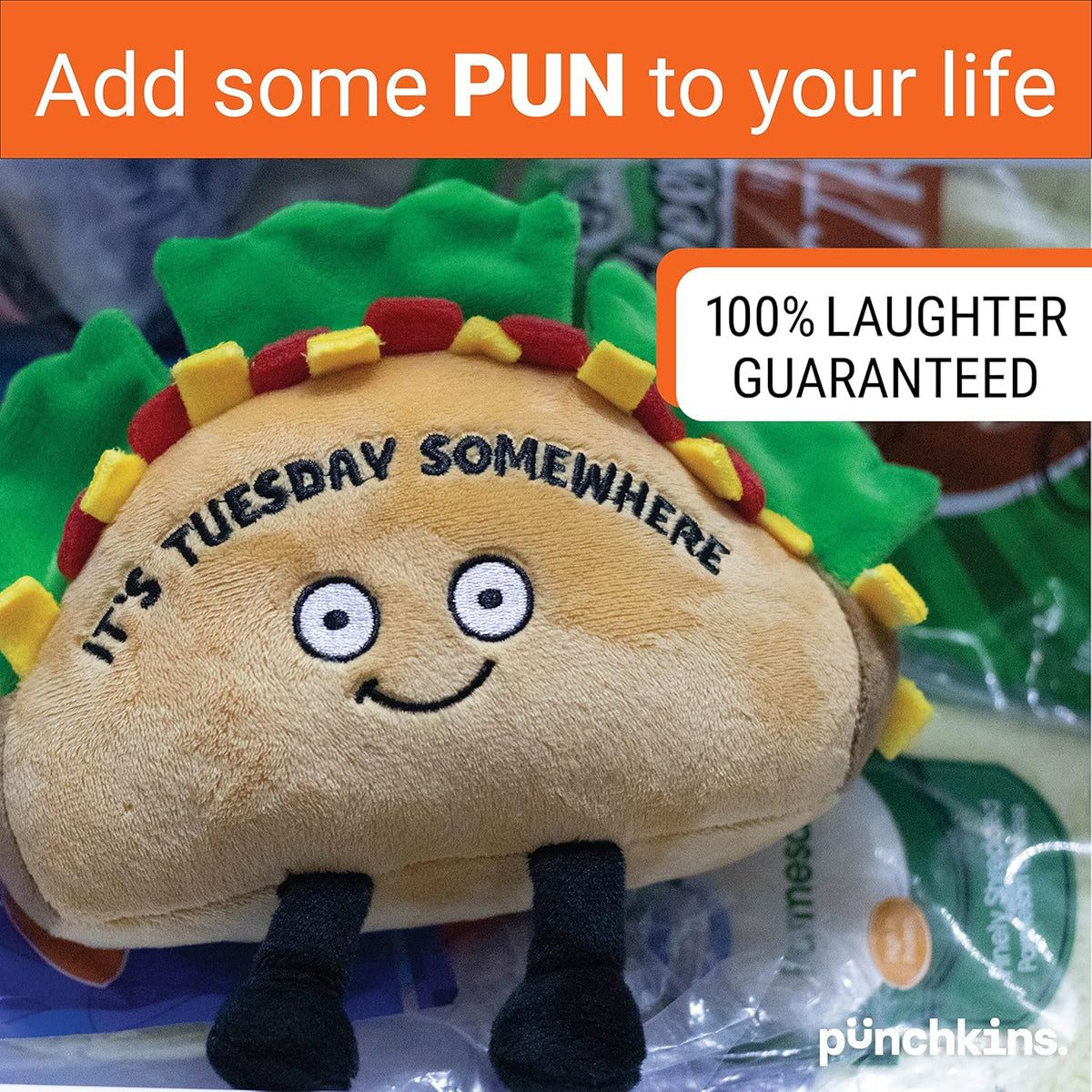 Taco Foodie Plushie, Funny Pun Meme Gag Gift, White Elephant, Stocking Stuffer Present, Great for
