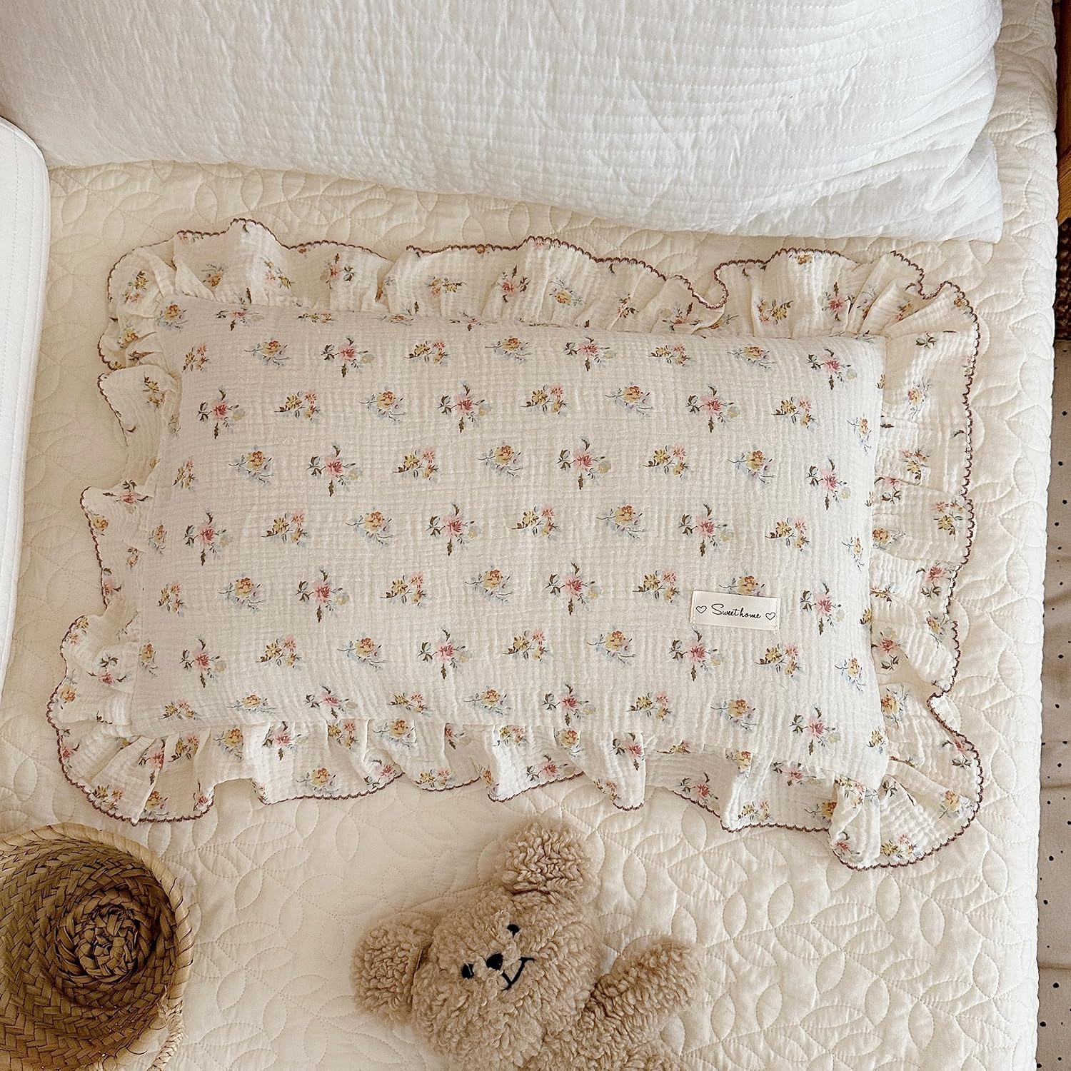 BuLuTu Cotton Muslin Kids Toddler Pillowcase with Cute Azalea Flowers Pattern Super Soft Crib